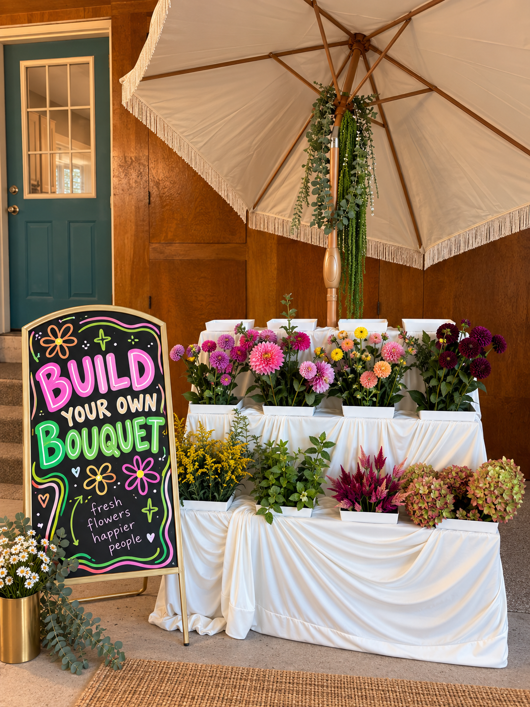 Flower bar with colorful chalkboard sign under a fringe umbrella