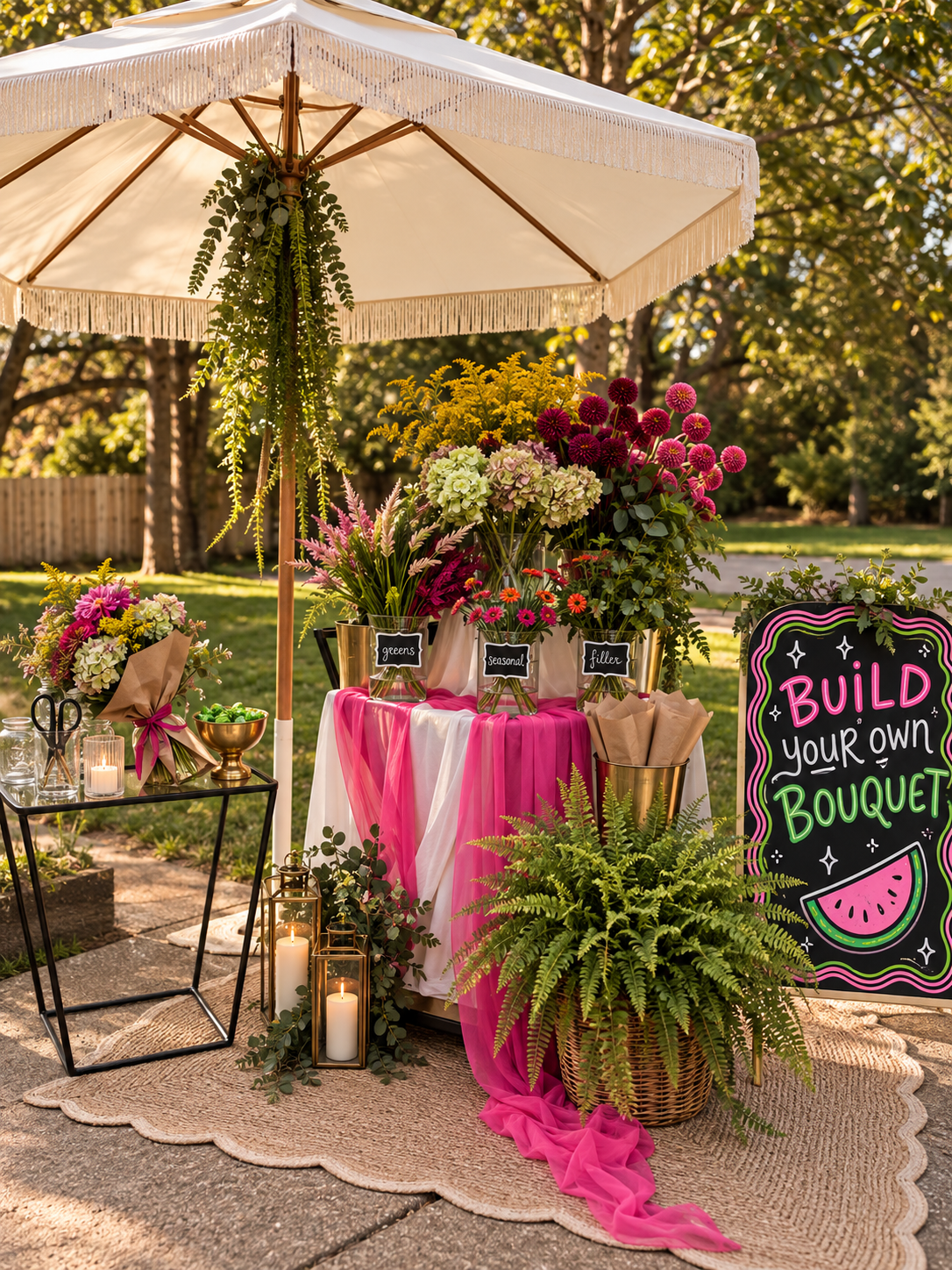 Pink flower bar setup under a fringe umbrella in a garden