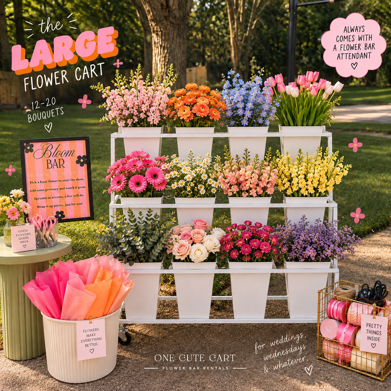 A large One Cute Cart flower bar filled with bright seasonal blooms, bouquet sleeves and ribbon